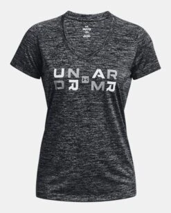 UA Tech™ Twist Kurzarm-Oberteil Mit V-Ausschnitt Und Grafik Für Damen -Modegeschäft Für Sportbekleidung PS1377204 001 HF